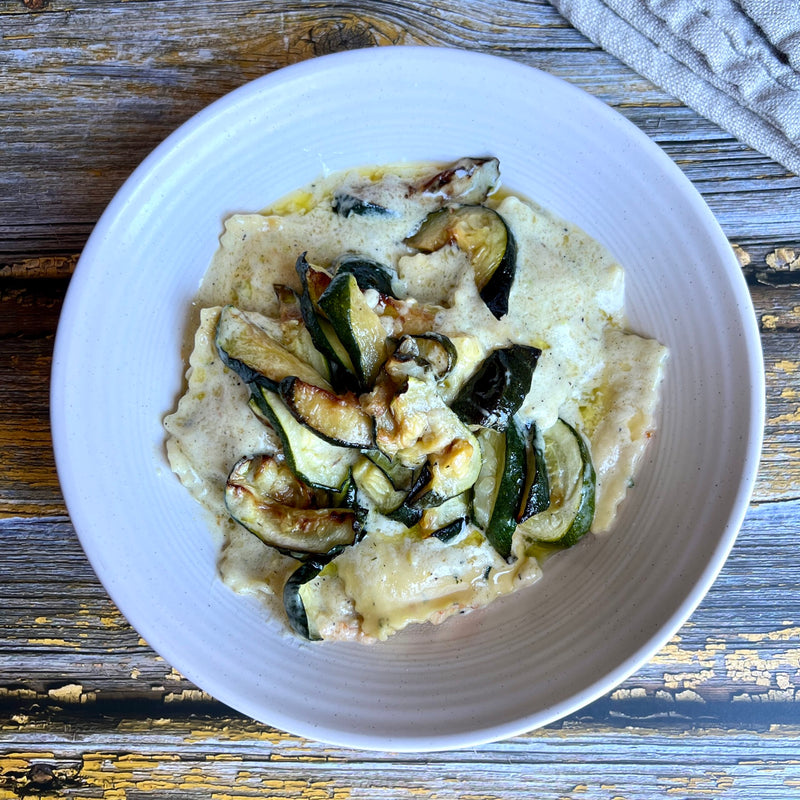 Spinach Ravioli with Jalapeño Cream Sauce and Zucchini