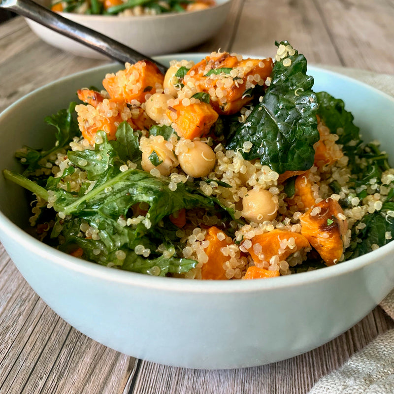 Quinoa Salad with Garbanzo Bean, Sweet Potatoes and Kale