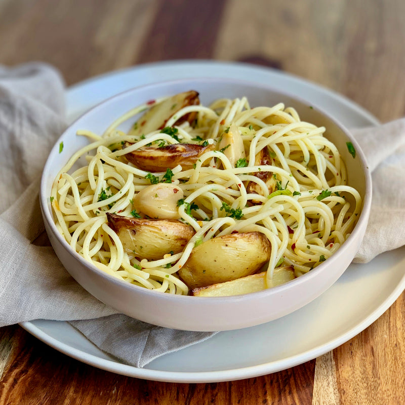 New Potatoes and Linguini with Roasted Garlic
