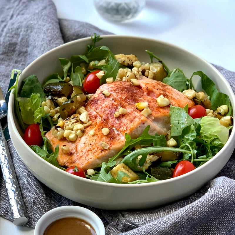 Gingered Salmon Skewers with Grilled Corn, Zucchini and Salad Greens