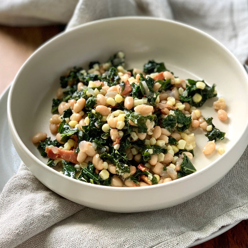 Braised Kale, Corn & White Bean Succotash with Applewood Bacon