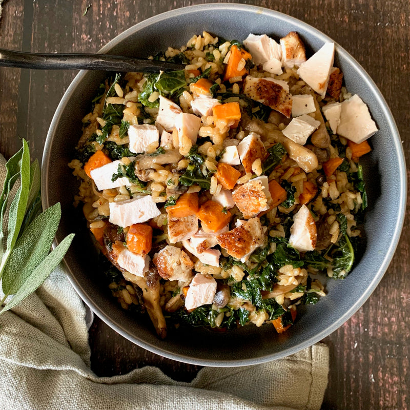 Risotto with Roast Chicken, Wild Mushroom, Sweet Potato & Kale