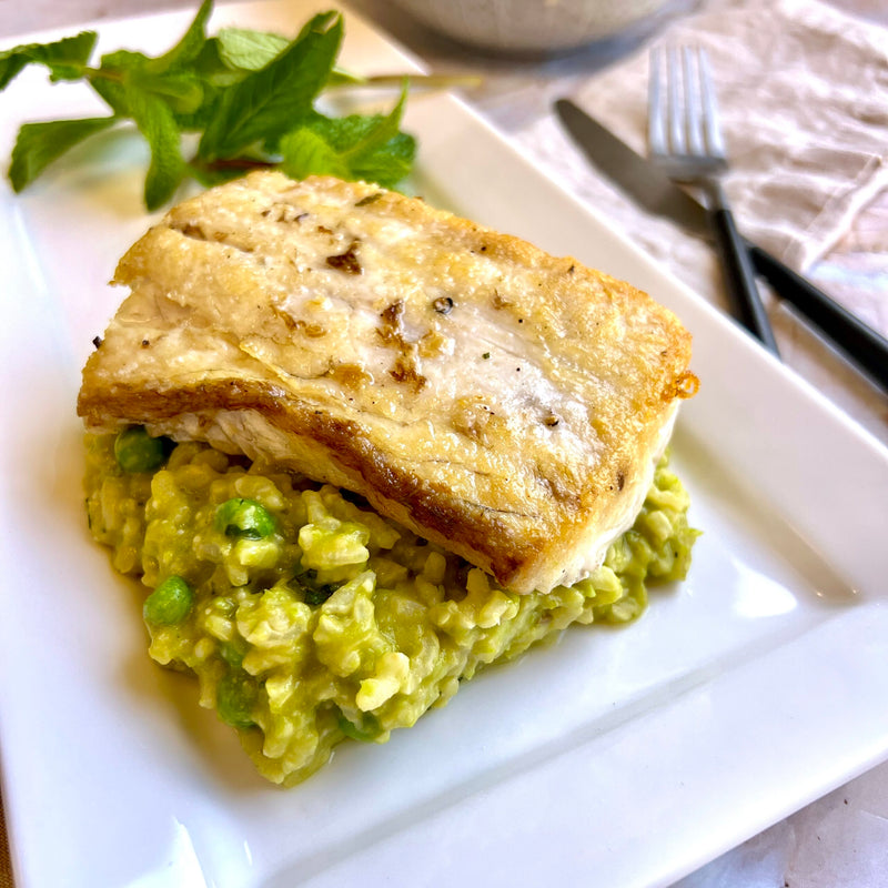 Pan Seared Sea Bass over Risotto Primavera
