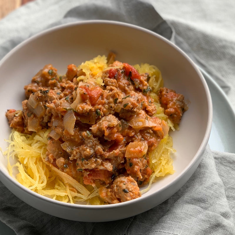 Creamy Italian Sausage Tomato Basil Spaghetti Squash