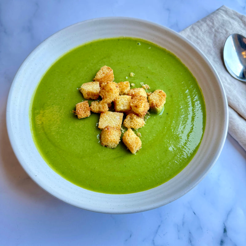 Fresh Pea Soup with Mint and Brioche Croutons