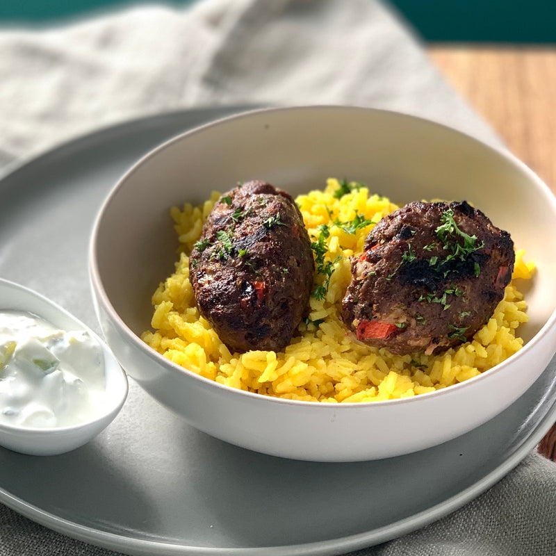 Lamb & Beef Kofta with Saffron Rice and Tzatziki