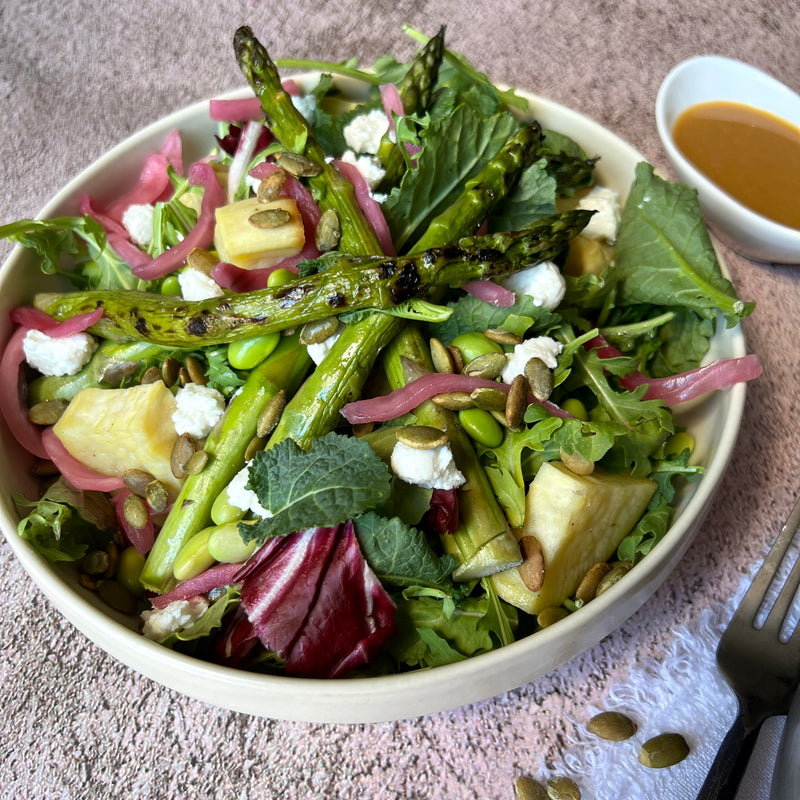 Asparagus Edamame Yam Salad with Miso Vinaigrette
