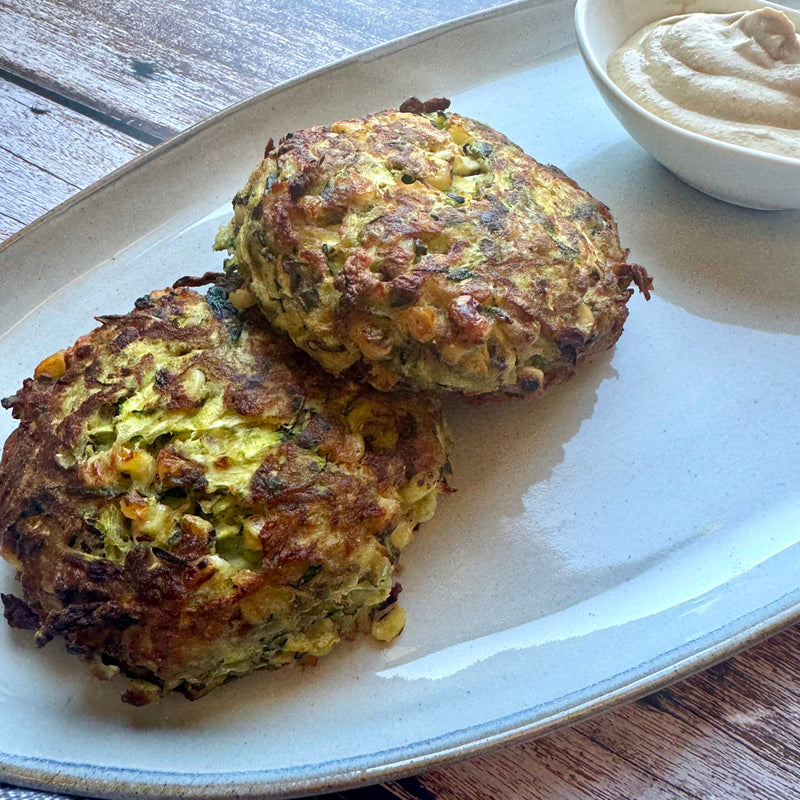 Zucchini Corn Fritters with Cashew Queso