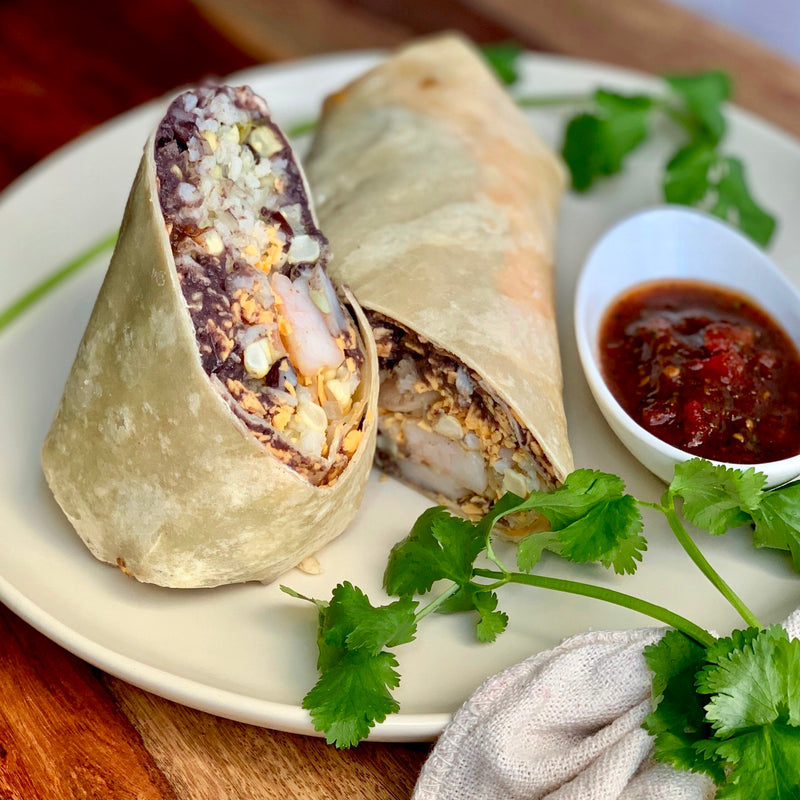 Roasted Asada Prawn & Corn Burritos w Fire-Roasted Tomato Salsa