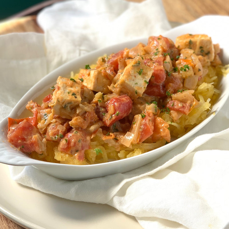 Creamy Tofu Tomato Basil Spaghetti Squash
