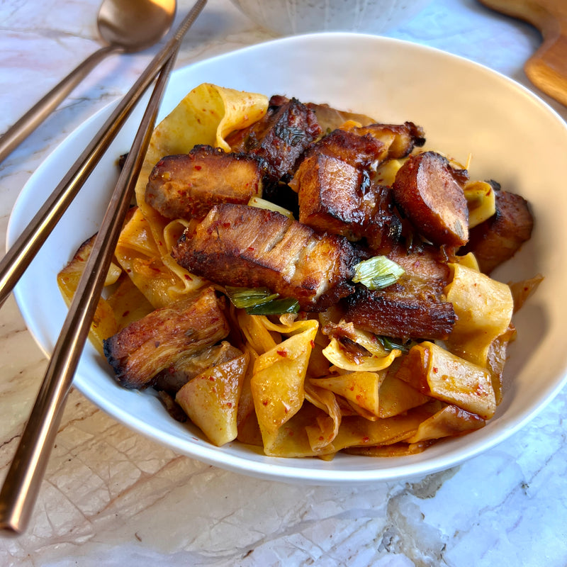 Korean Pork Belly with Kimchi Pasta