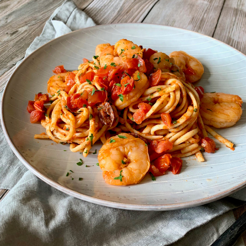 Argentinian Red Prawns Linguini with Tomato Arugula Olive Sauce