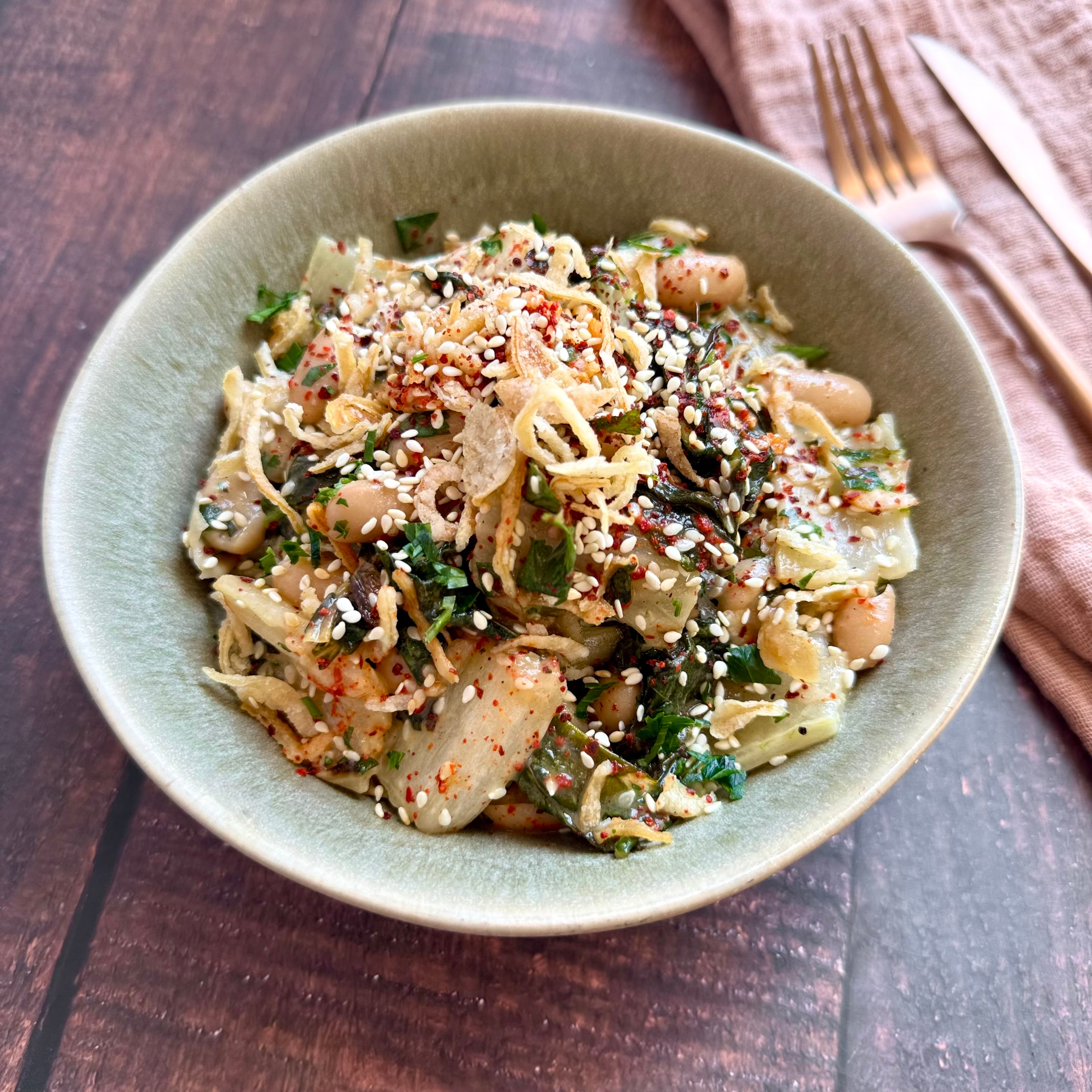 Charred Bok Choy White Bean Salad with Miso-Maple Dressing