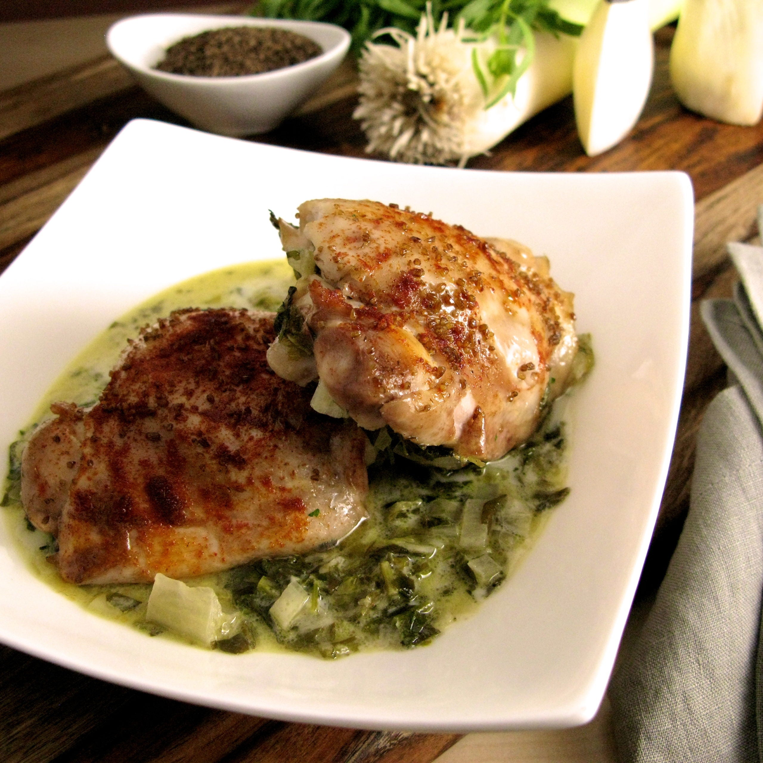Tarragon Chicken Thighs with Braised Garlic Greens