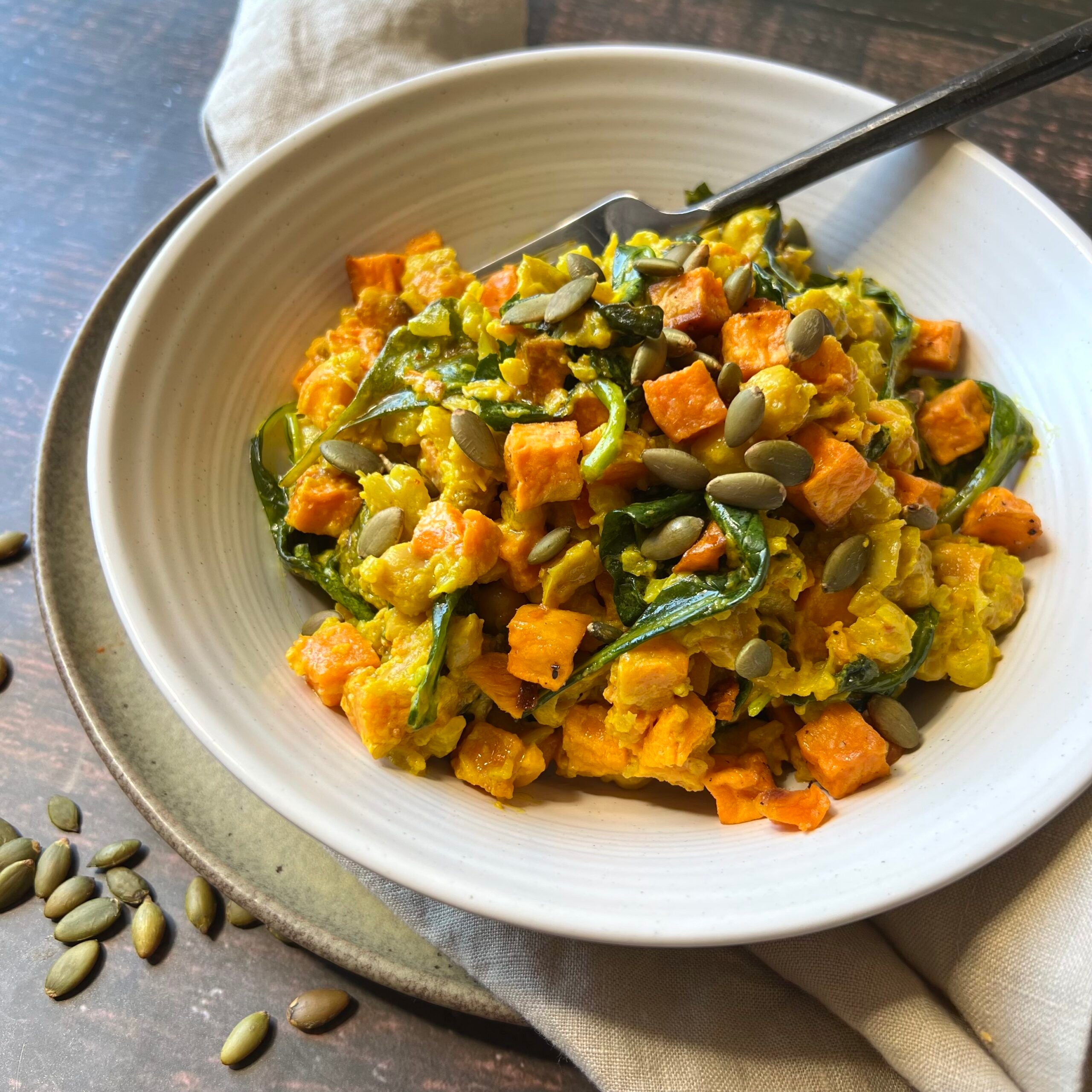 Turmeric Riced Cauliflower w Roasted Vegetables, Tahini & Baby Kale