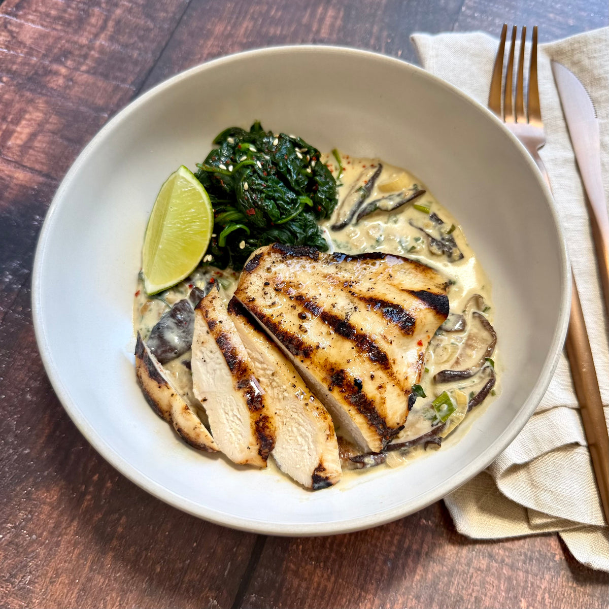 Grilled Chicken with Ginger Shiitake Cream Sauce & Spinach