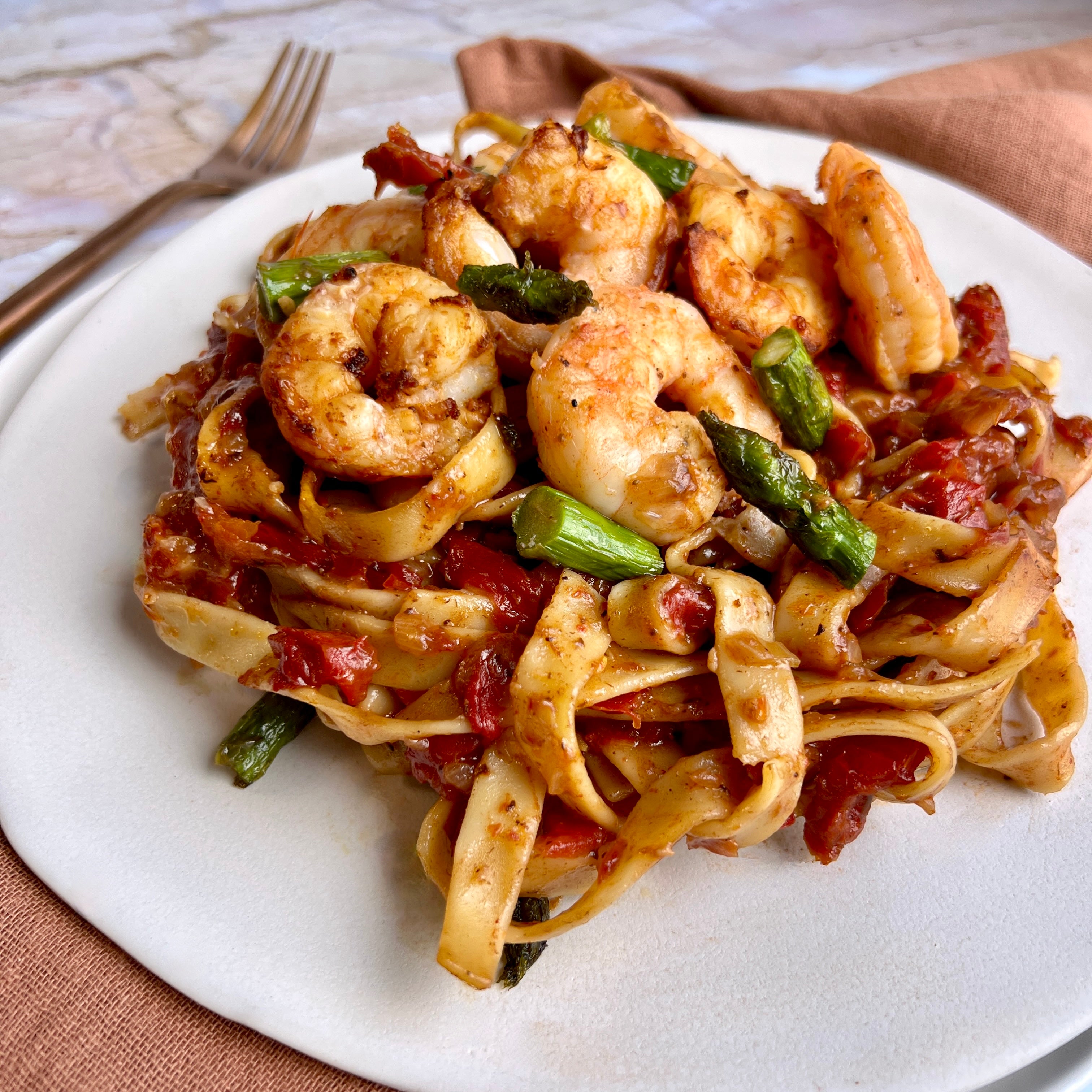 Grilled Shrimp with Black Garlic Fettuccine