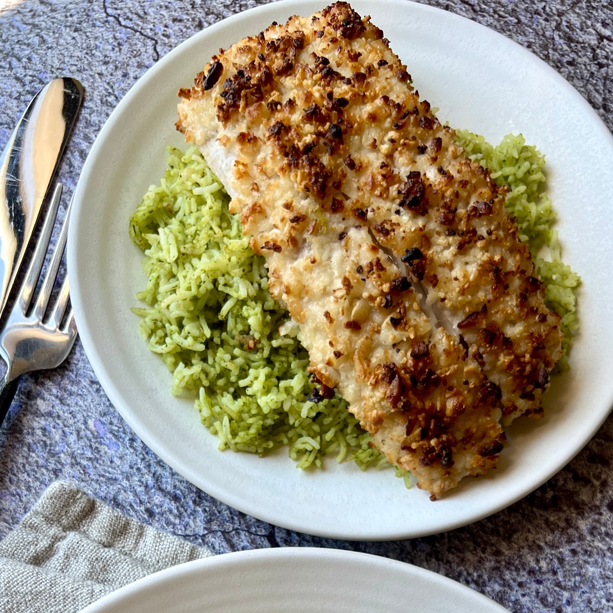 Macadamia Crusted Mahi Mahi with Coconut Basil Rice