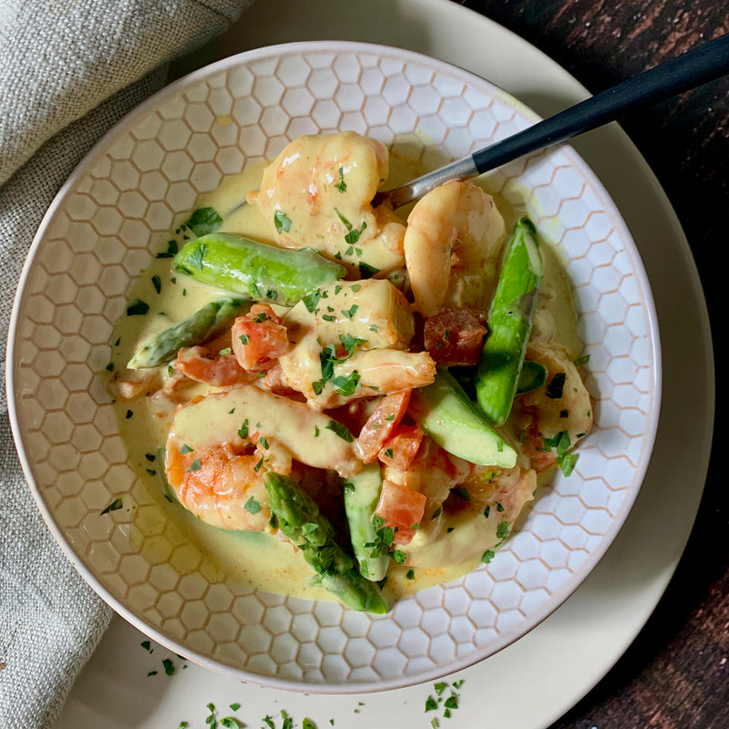 Prawns & Asparagus with Madras Sauce