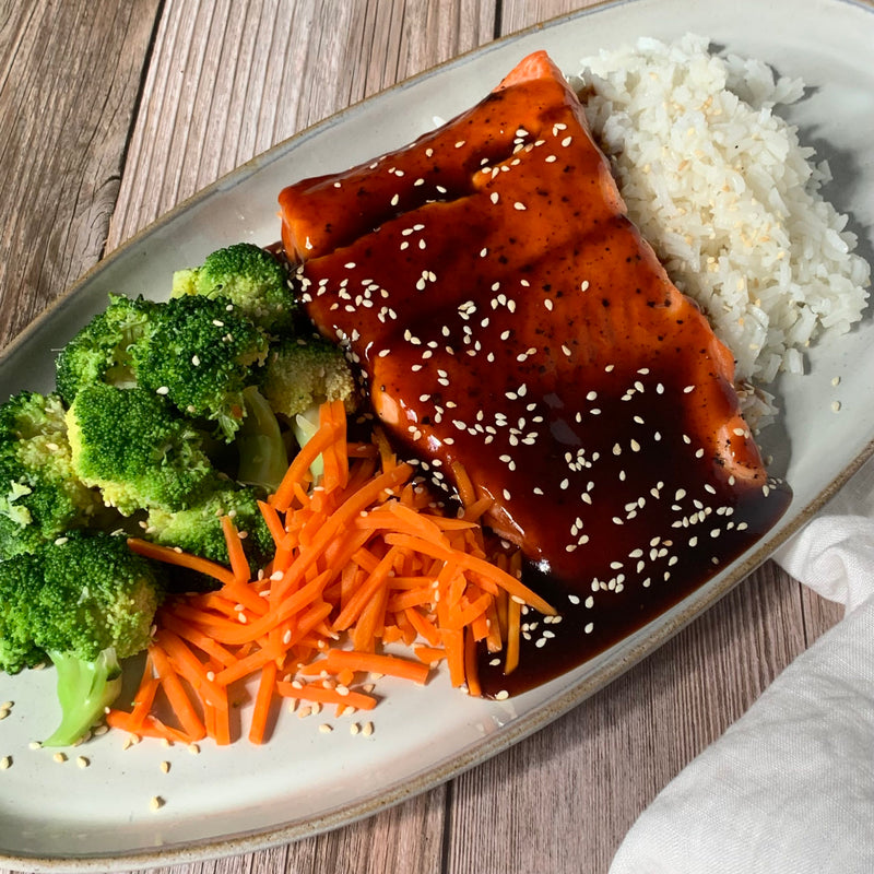 Teriyaki Salmon with Jasmine Rice Broccoli and Carrots