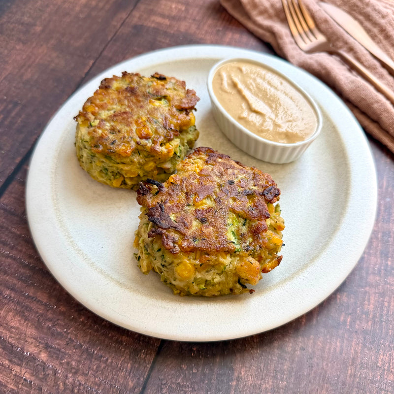 Zucchini Corn Fritters with Cashew Queso