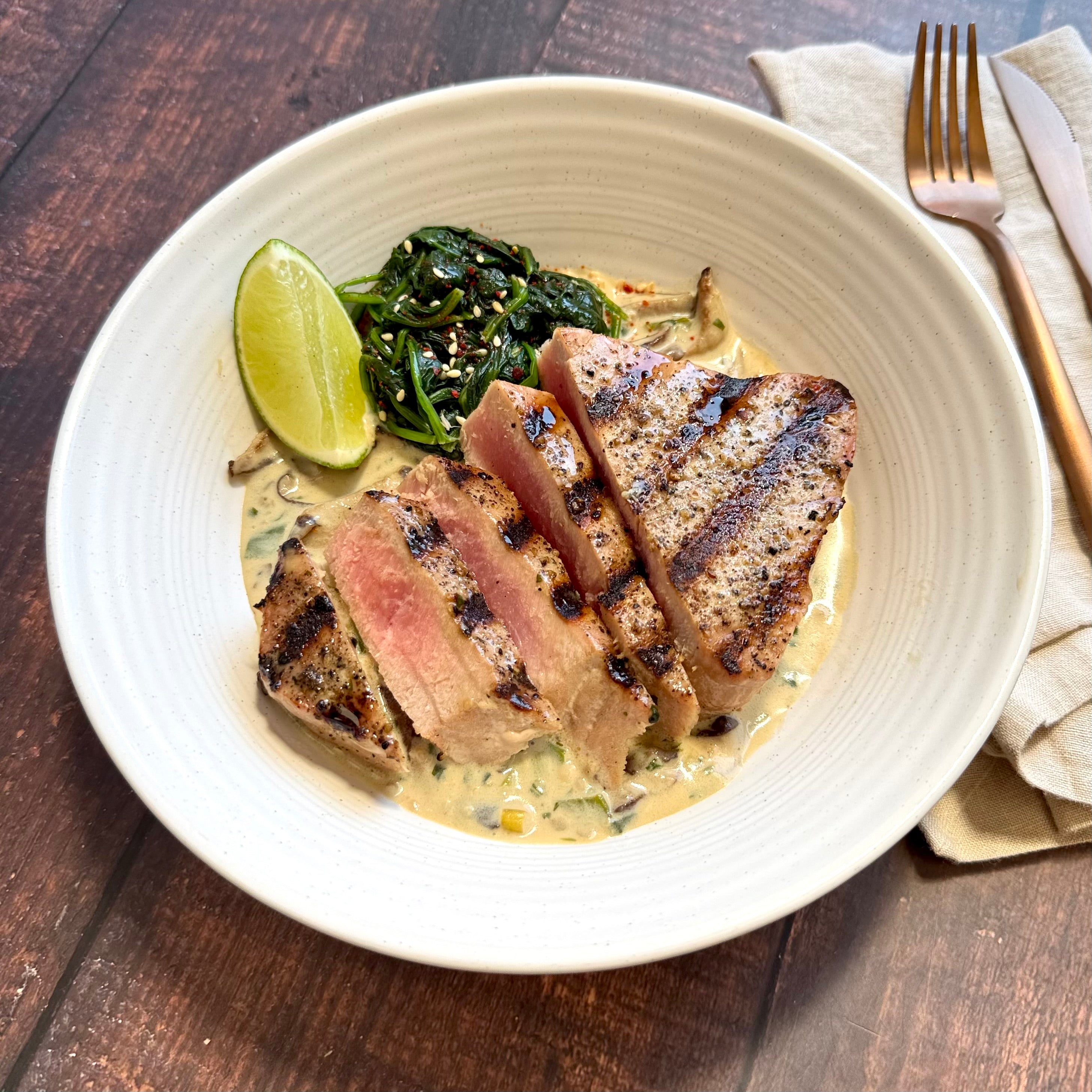 Grilled Ahi Tuna with Ginger Shiitake Cream Sauce & Spinach