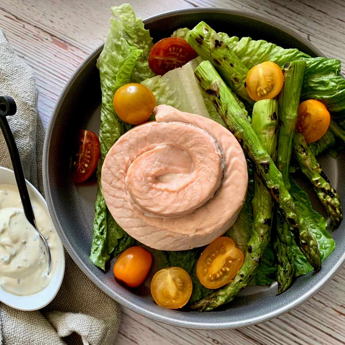 Salmon Pinwheels with Herb Aioli and Asparagus