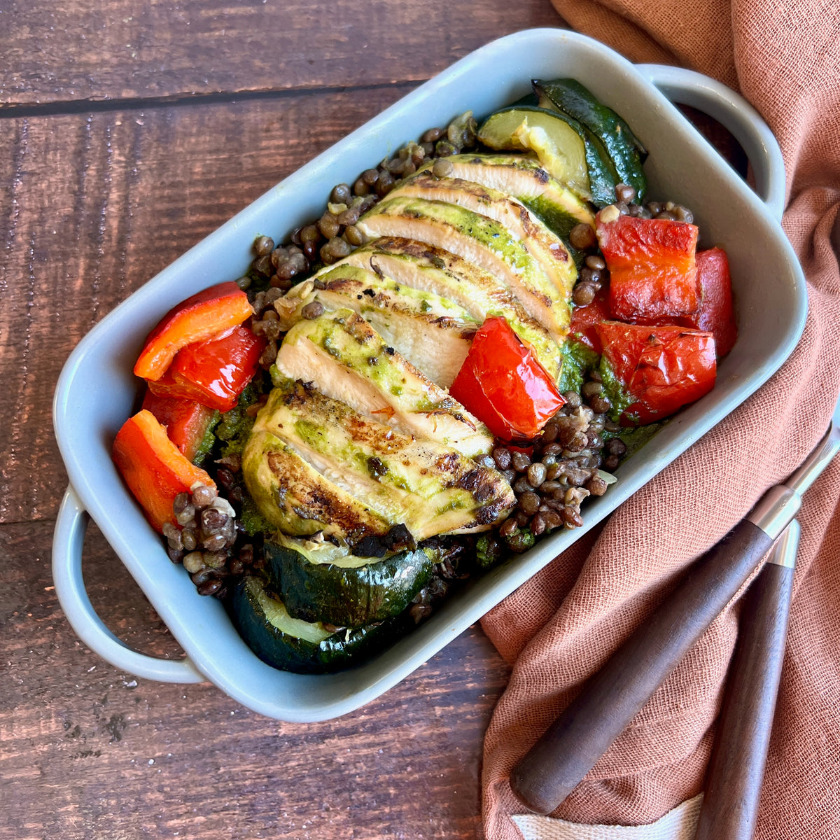 Chicken with Basil Mint Sauce and French Lentils