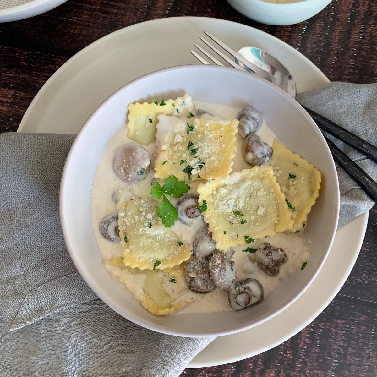 Winter Squash & Sage Ravioli with Mushroom Cognac Sauce