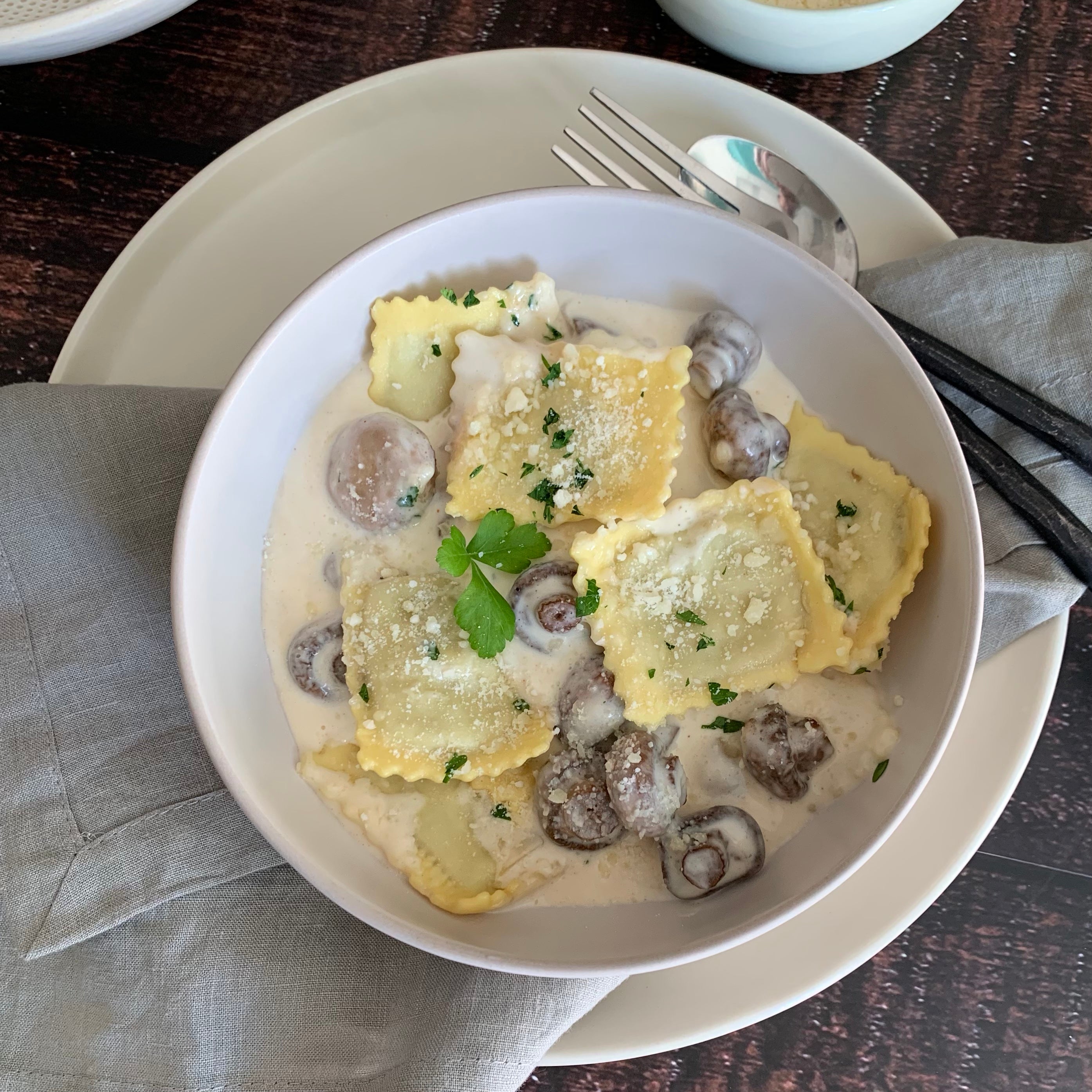 Winter Squash & Sage Ravioli with Mushroom Cognac Sauce