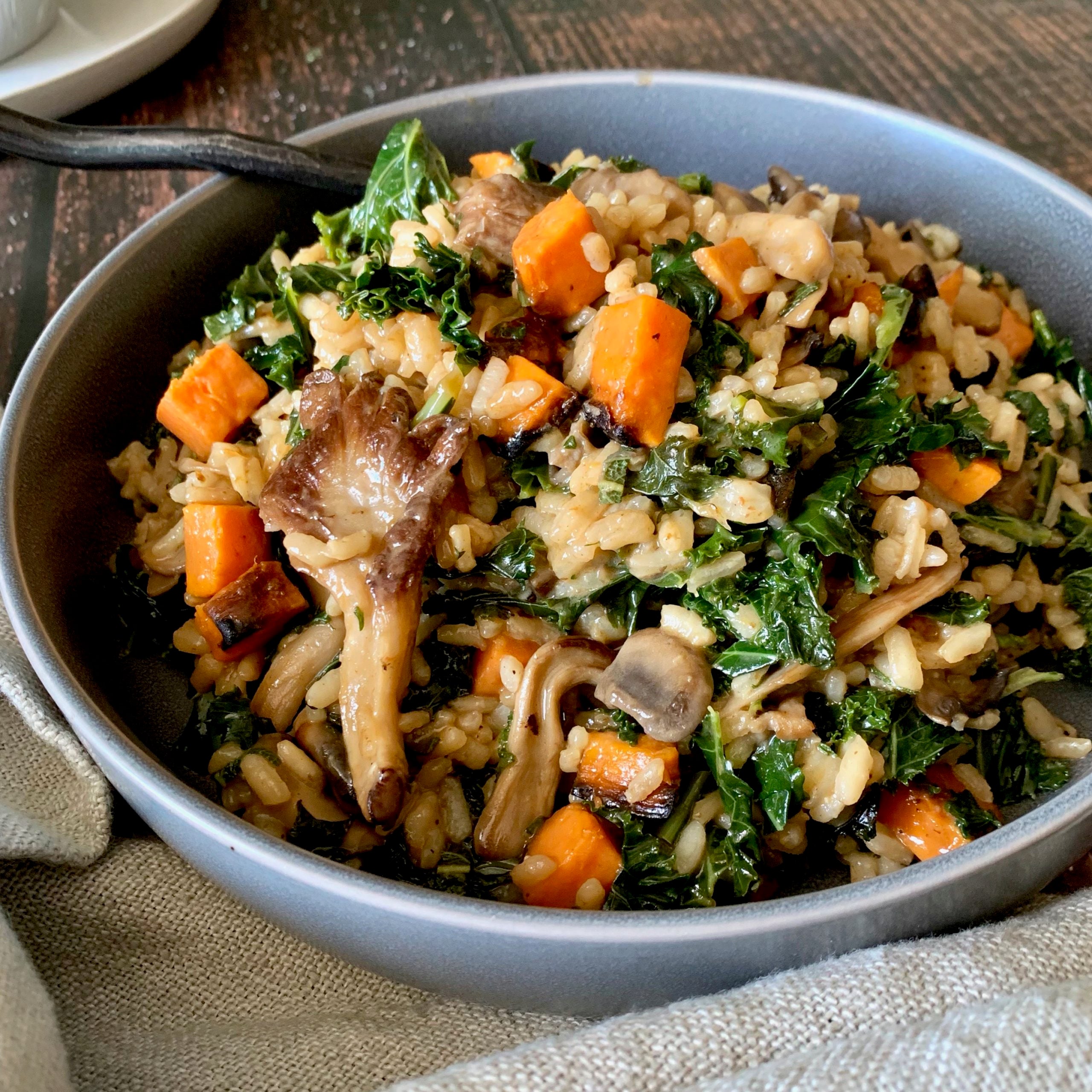 Risotto with Roasted Wild Mushroom, Sweet Potato & Kale