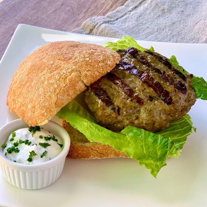 Lamb Burgers with Greek Yogurt Tzatziki & Ciabatta Buns