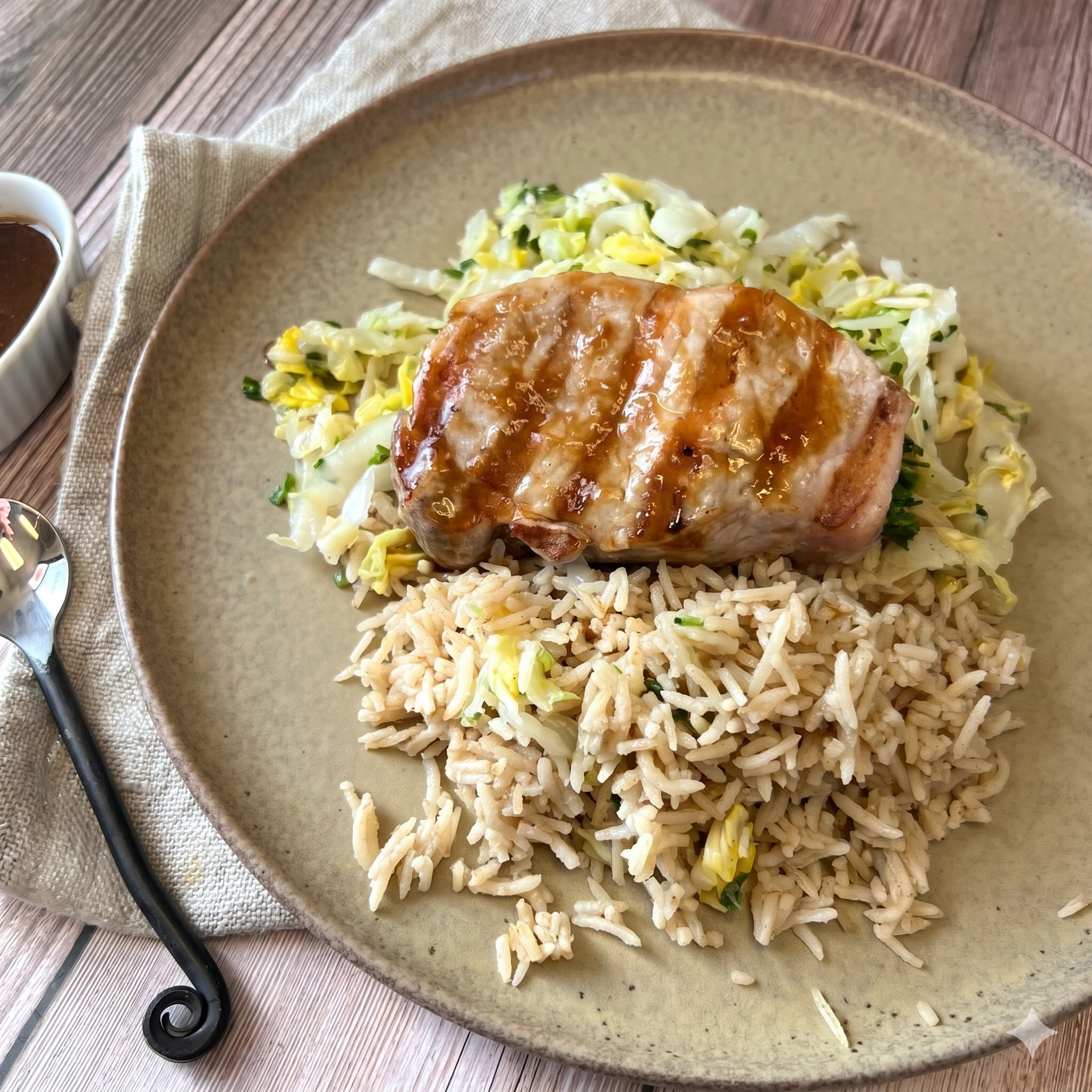 Hoisin Glazed Pork Chops with Napa Cabbage and Coconut Rice