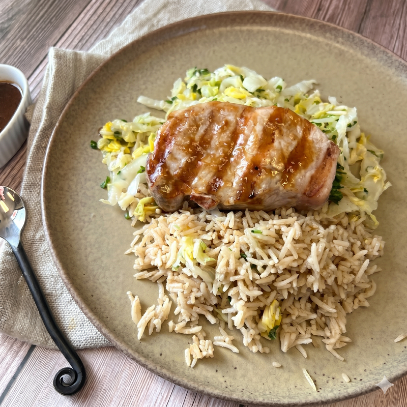 Hoisin Glazed Pork Chops with Napa Cabbage and Coconut Rice