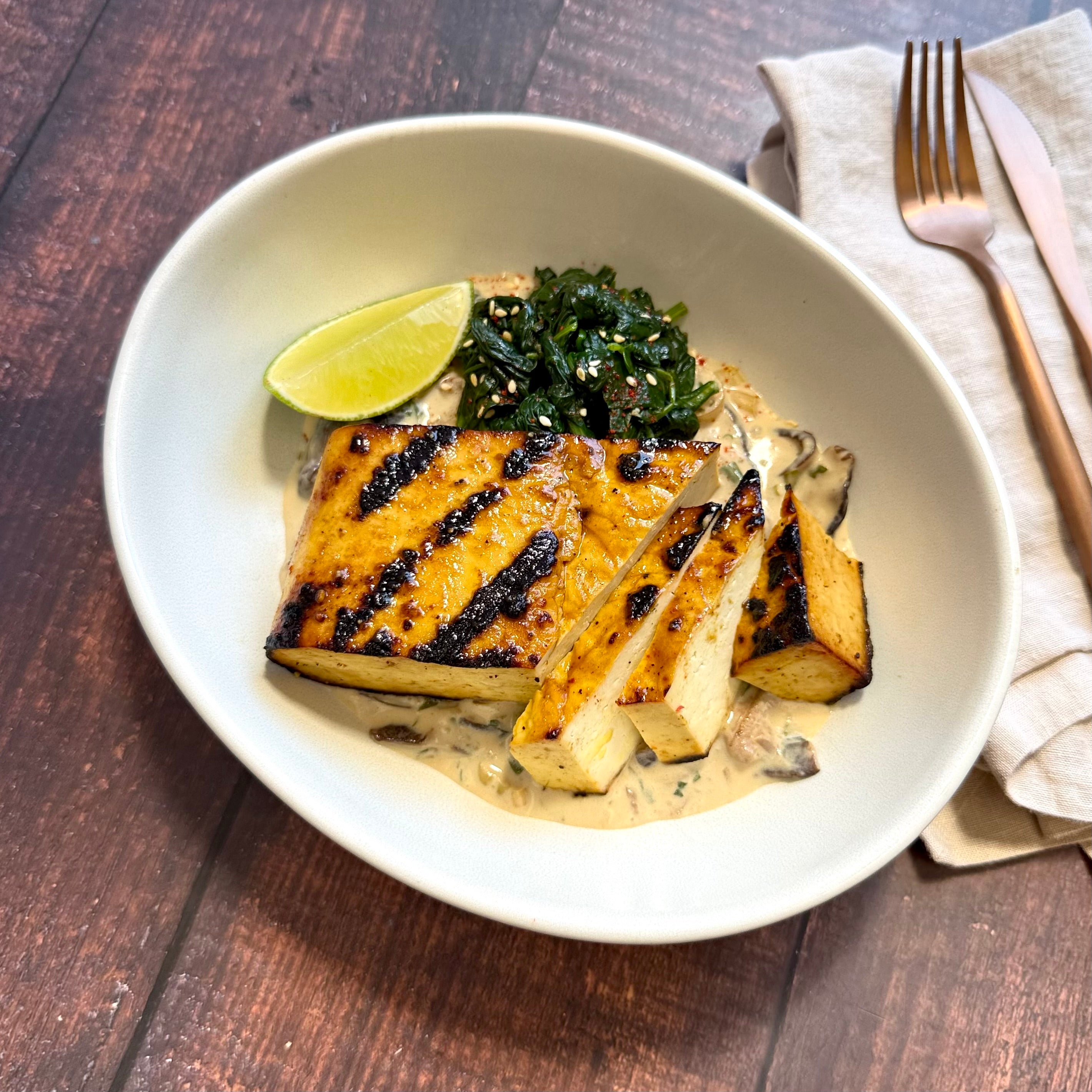 Grilled Tofu with Ginger Shiitake Cream & Spinach