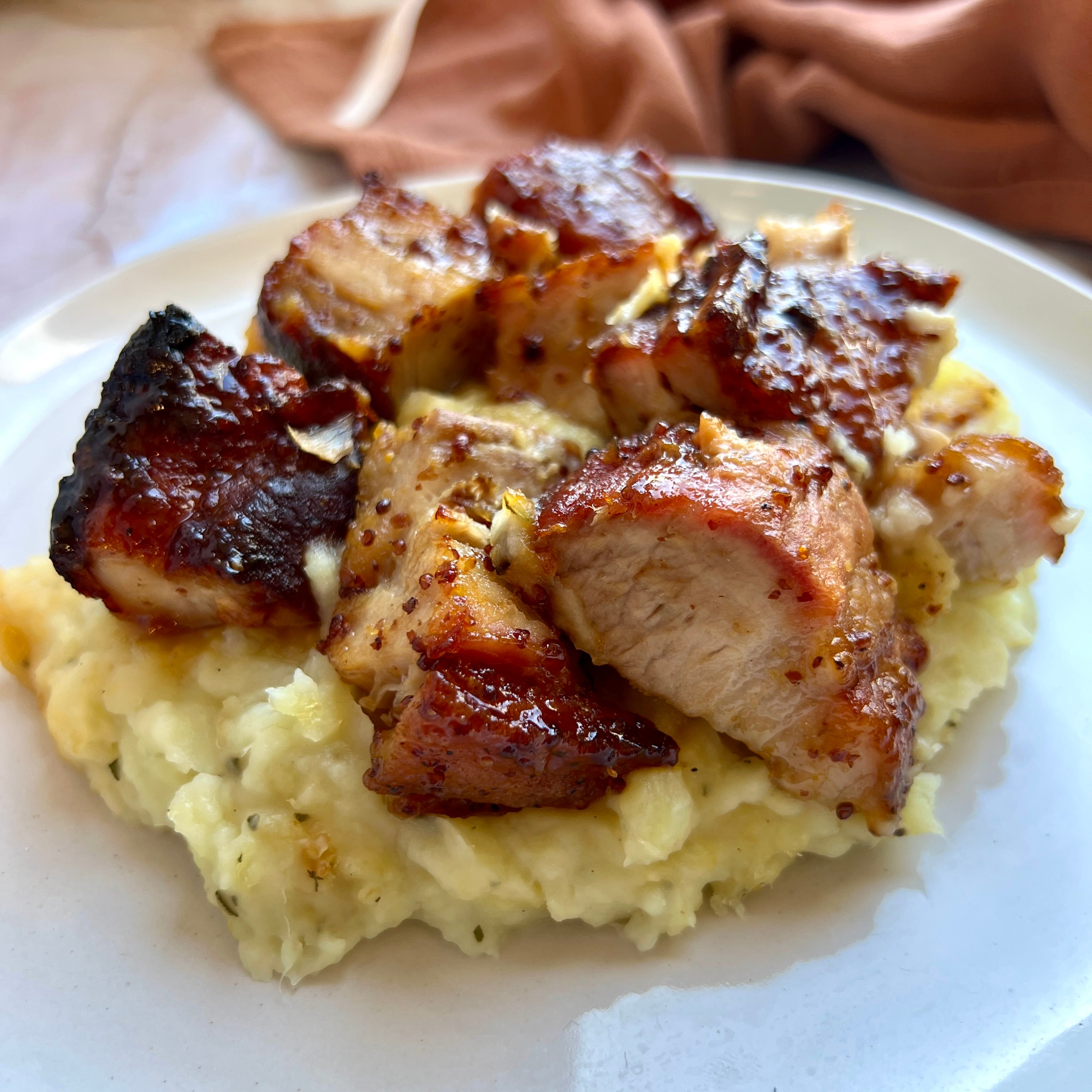 Maple Mustard Glazed Pork Belly with Apple Sage Sweet Potatoes