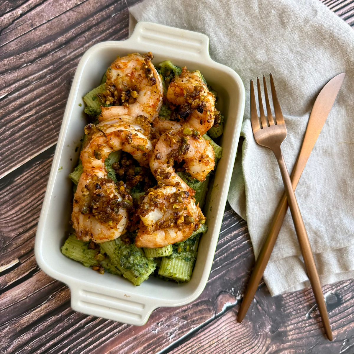 Rigatoni and Shrimp with Green Olive Pistachio Pesto