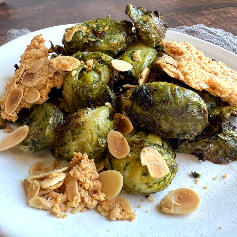Pesto Roasted Brussels Sprouts with Parmesan Almonds
