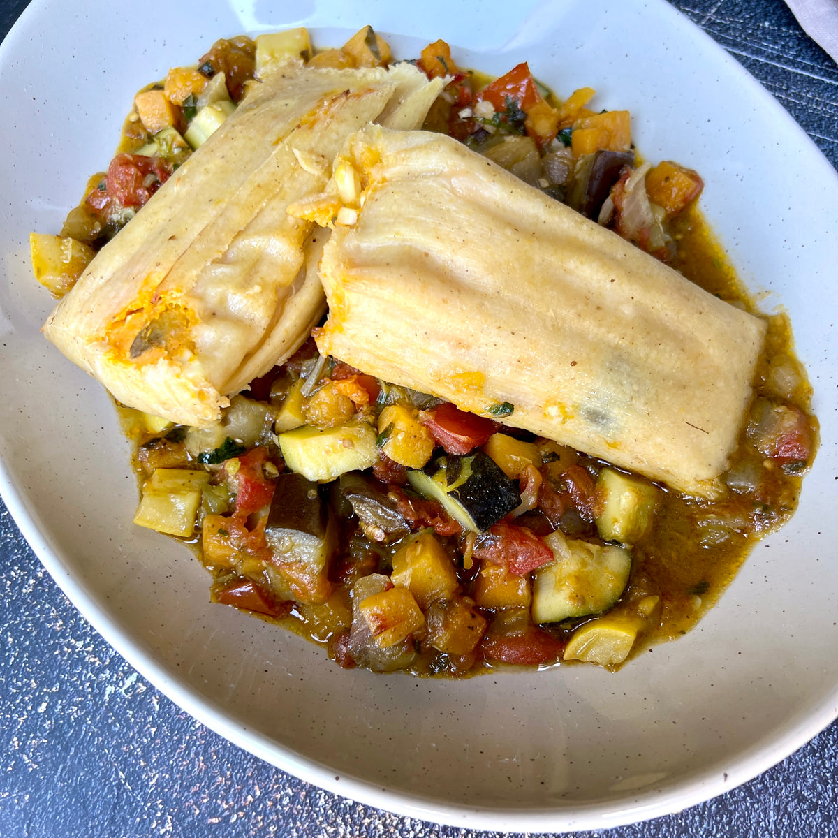 Vegan Mushroom Spinach Tamales with Mexican Vegetable Medley