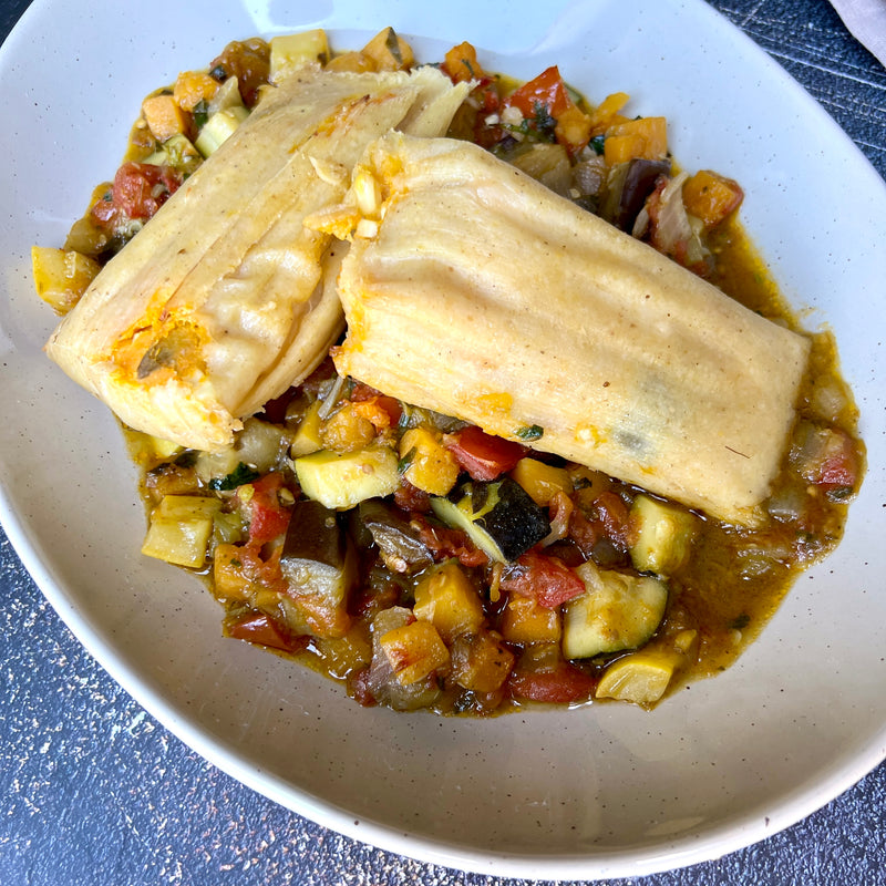 Roasted Green Chile Jack Cheese Tamales with Mexican Vegetable Medley