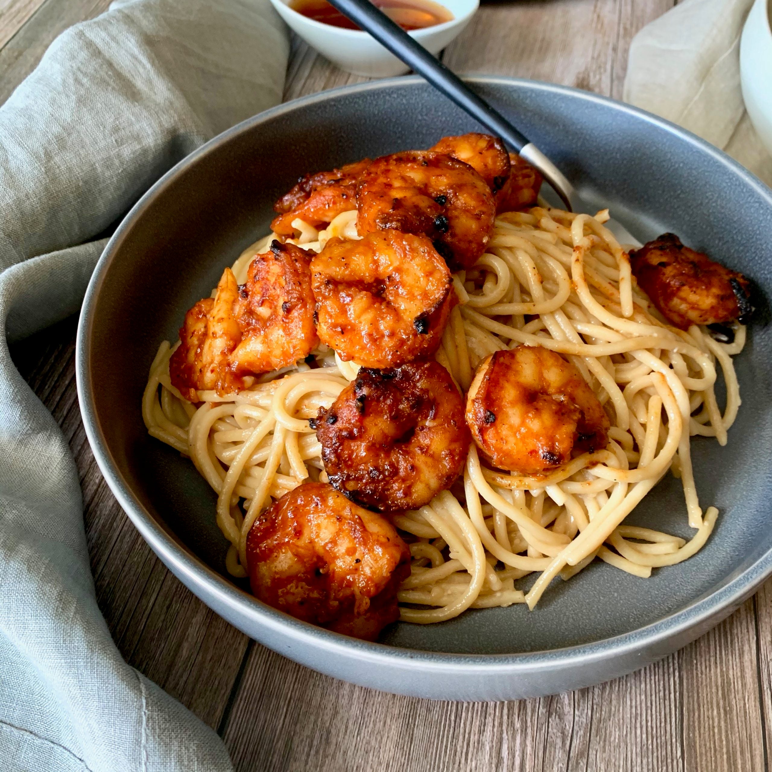 Korean Red Devil Prawns with Garlic Noodles