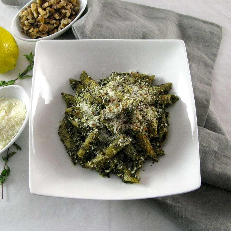 Penne with Lemony Kale and Pecorino Walnut Pesto