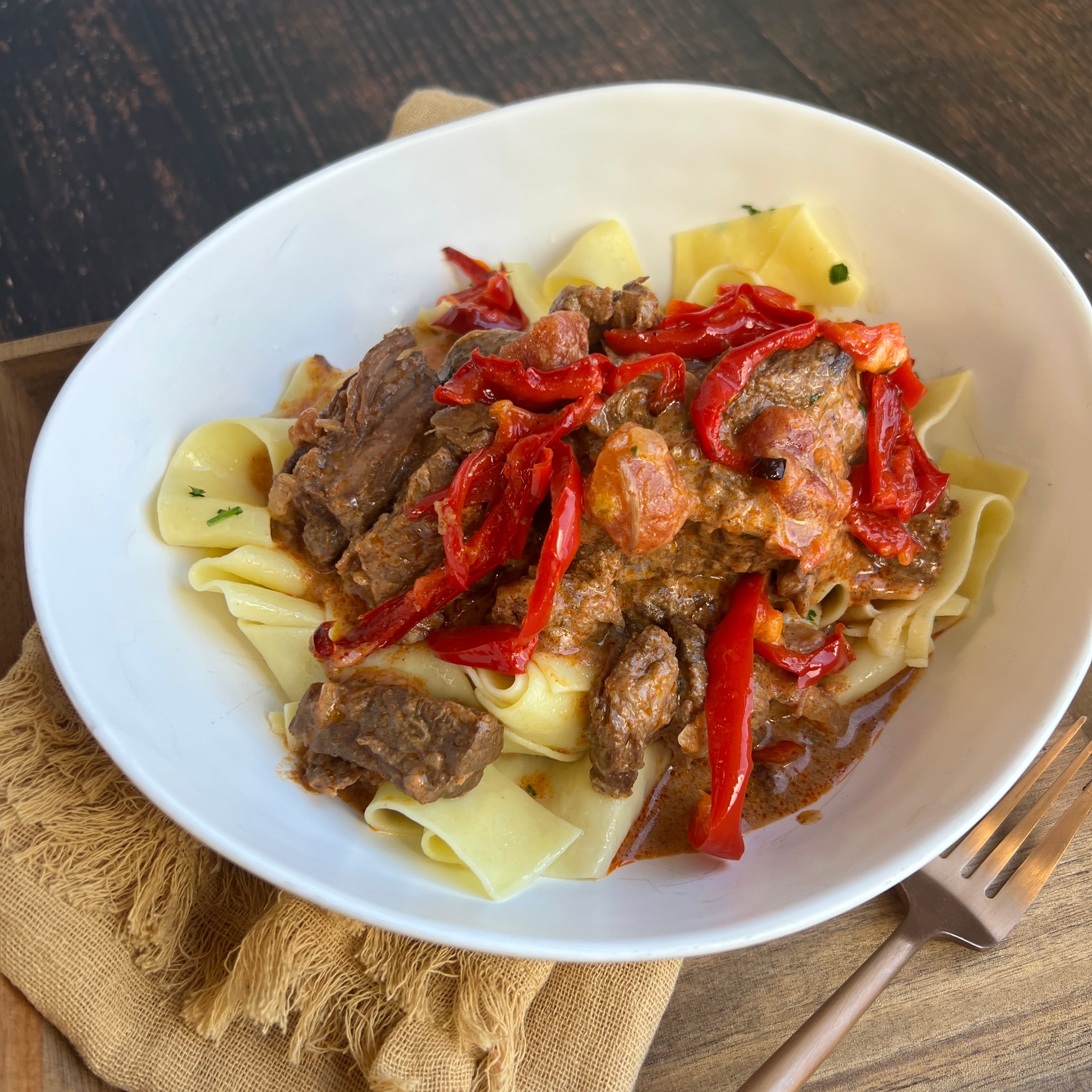 Braised Hungarian Beef Stroganoff with Egg Noodles