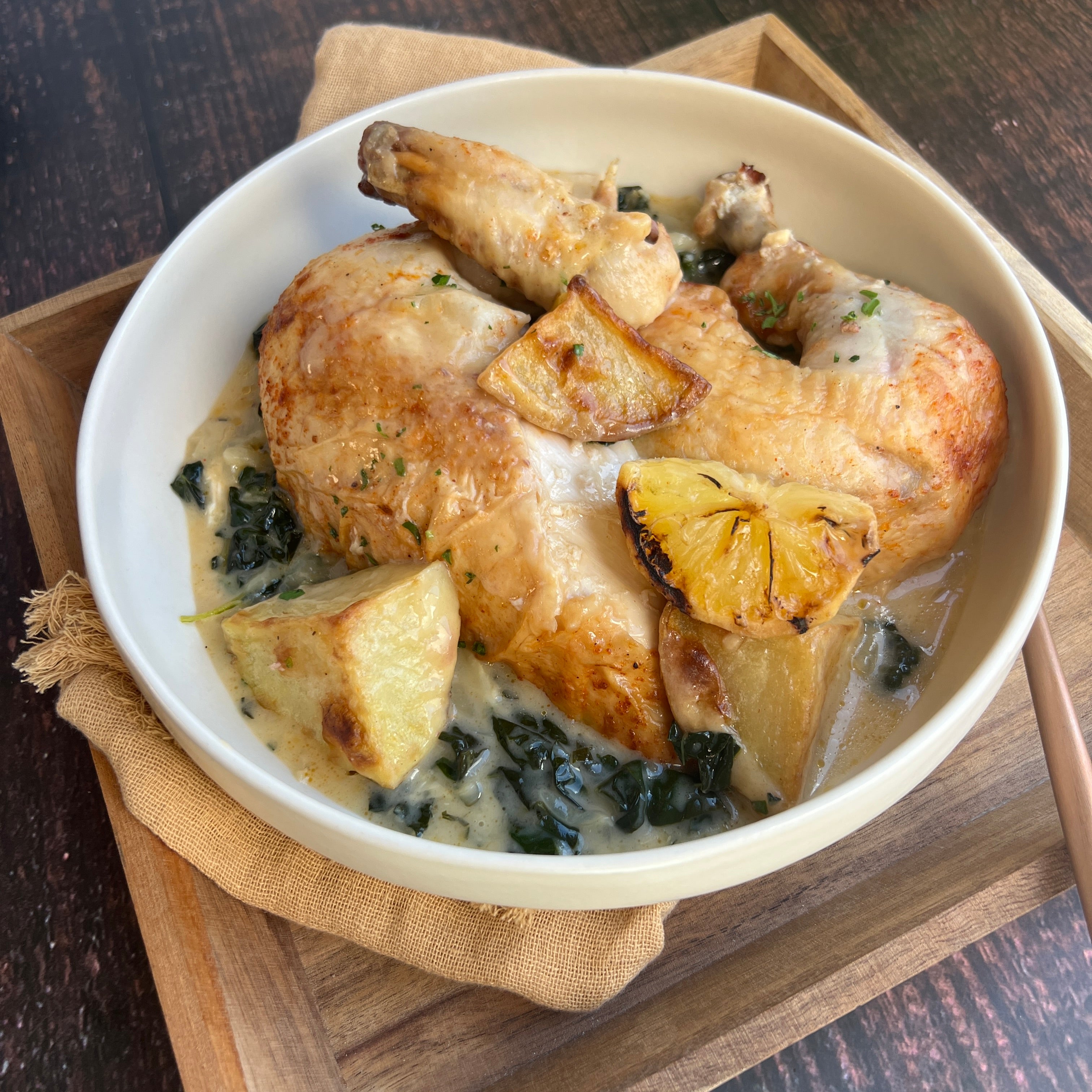 Roast Chicken with Potatoes and Kale