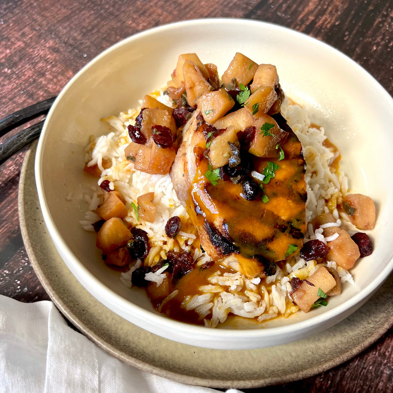 Grilled Pork Chop with Cider Sauce and Apple Cranberry Chutney