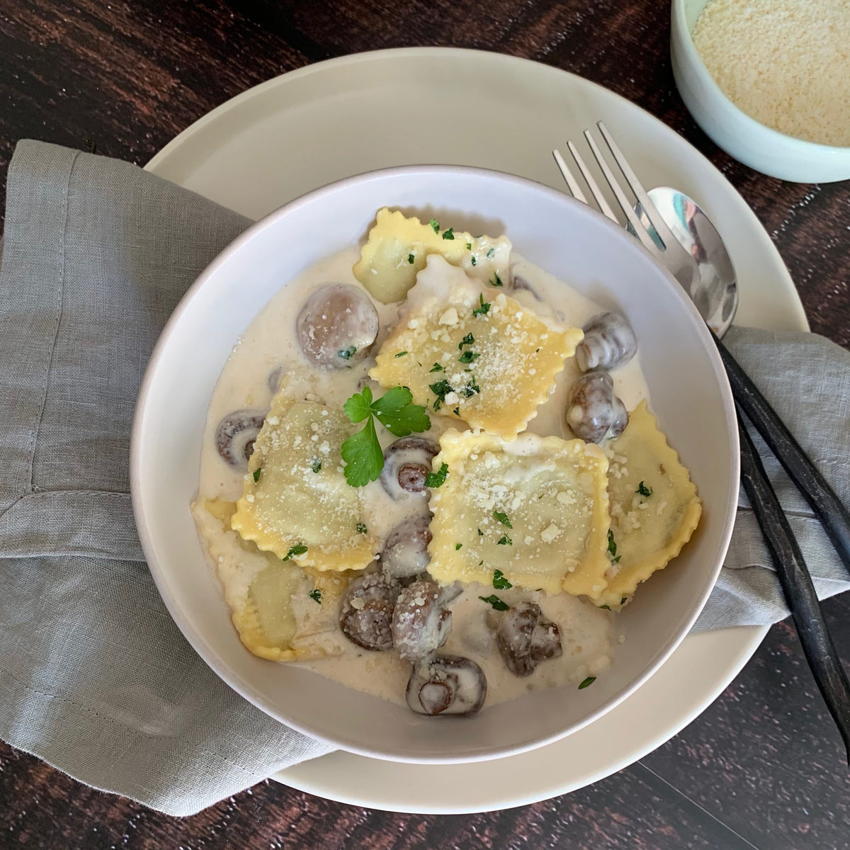 Porcini Mushroom Thyme Ravioli with Shiitake Mushroom Cognac Sauce