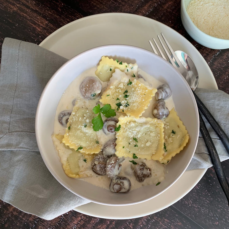 Porcini Mushroom Thyme Ravioli with Shiitake Mushroom Cognac Sauce