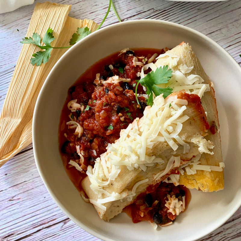 Roasted Green Chile Jack Cheese Tamales with Mexican Vegetable Medley
