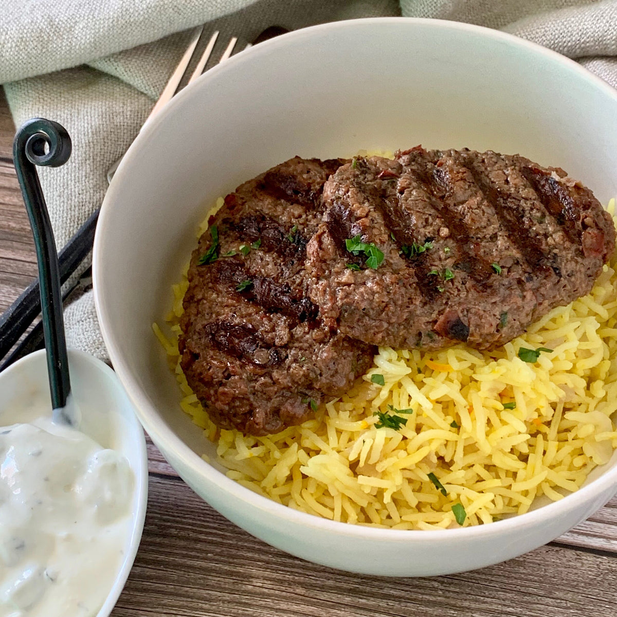 Plant Based Kofta with Saffron Rice and Tzatziki