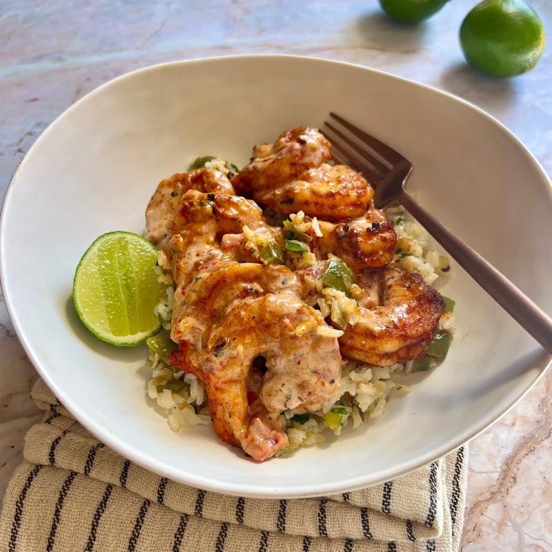 Cajun Shrimp over Dirty Rice with Creole Cream Sauce